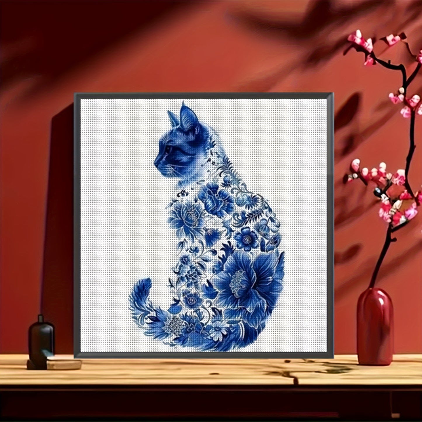 Blue Floral Cat Cross Stitch Kit - DIY Embroidery Craft Set with 11CT Canvas, Threads, Needles & Instructions for Home Wall Decor, Frameless