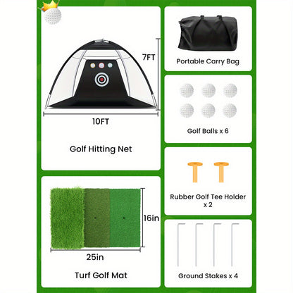 10x7ft All in 1 Golf Practice Net Set with Chipping, 1 Golf Mat, 6 Golf Balls, 2 Golf Tees, Bag