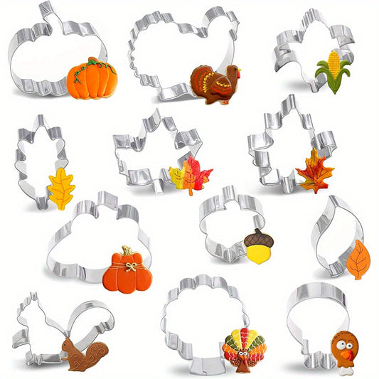 12pcs Thanksgiving Cookie Cutter Set - Turkey, Pumpkin & Autumn Leaves Designs for Festive Baking and Party Decorations