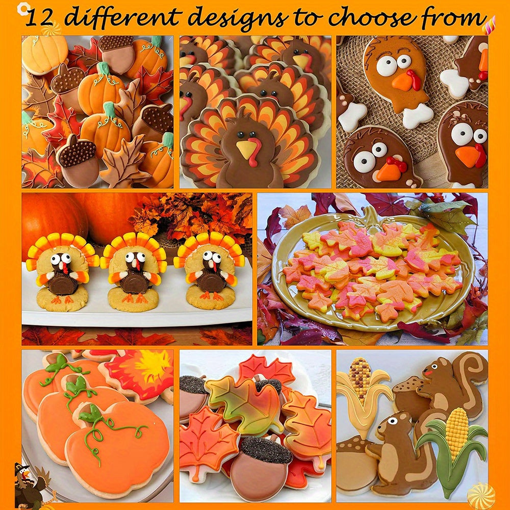 12pcs Thanksgiving Cookie Cutter Set - Turkey, Pumpkin & Autumn Leaves Designs for Festive Baking and Party Decorations