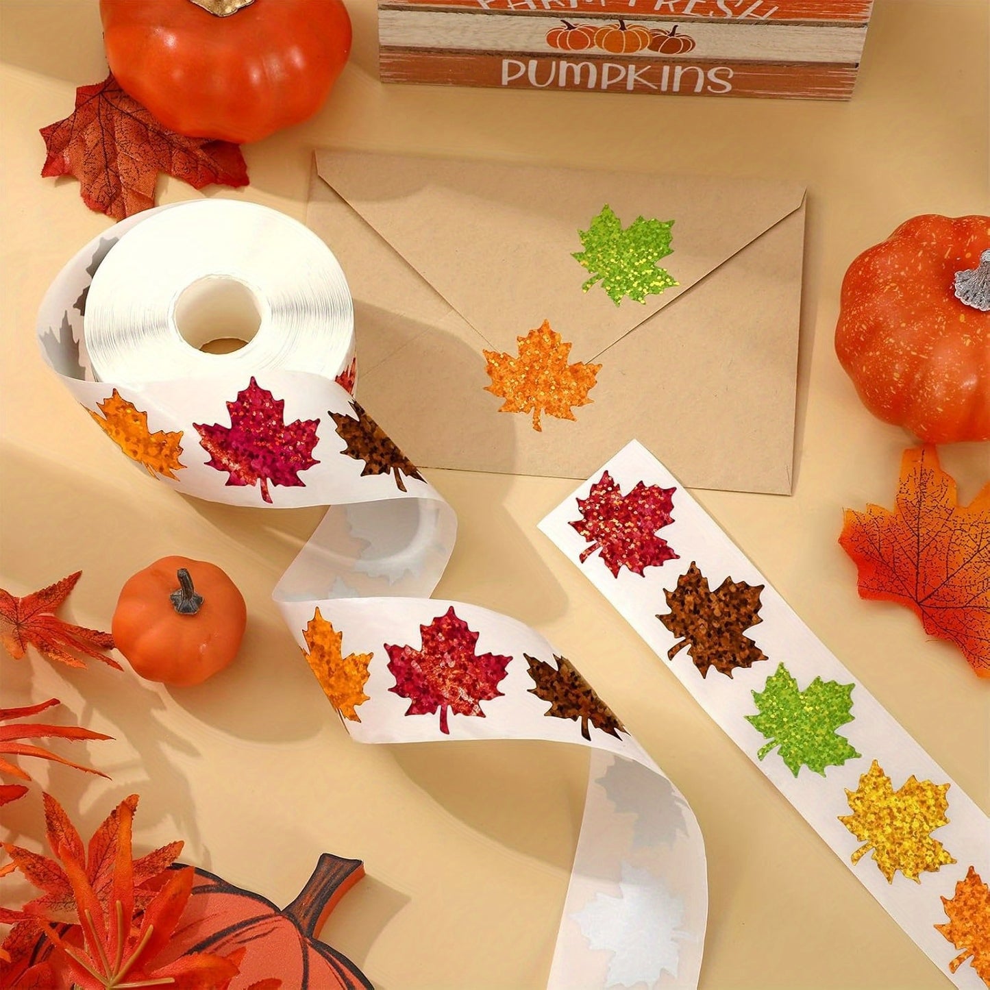 500 Stickers/Roll 1.5 inch Thanksgiving Circular Laser Maple Leaf Stickers