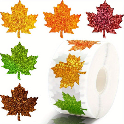 500 Stickers/Roll 1.5 inch Thanksgiving Circular Laser Maple Leaf Stickers