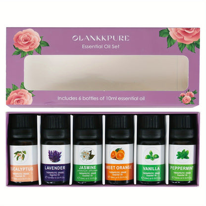 OLANKPURE Essential Oil Set of 6 - Glass Bottles Aromatherapy Oils Gift Box, Fresh Scented for Air Freshening, Includes Lavender, Jasmine, Peppermint, Eucalyptus, Sweet Orange, Vanilla Essential Oils