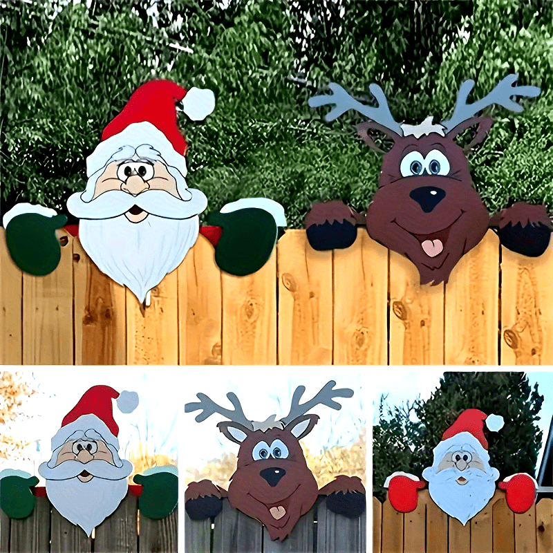 Santa Claus and Elk Fence Peeking Decoration