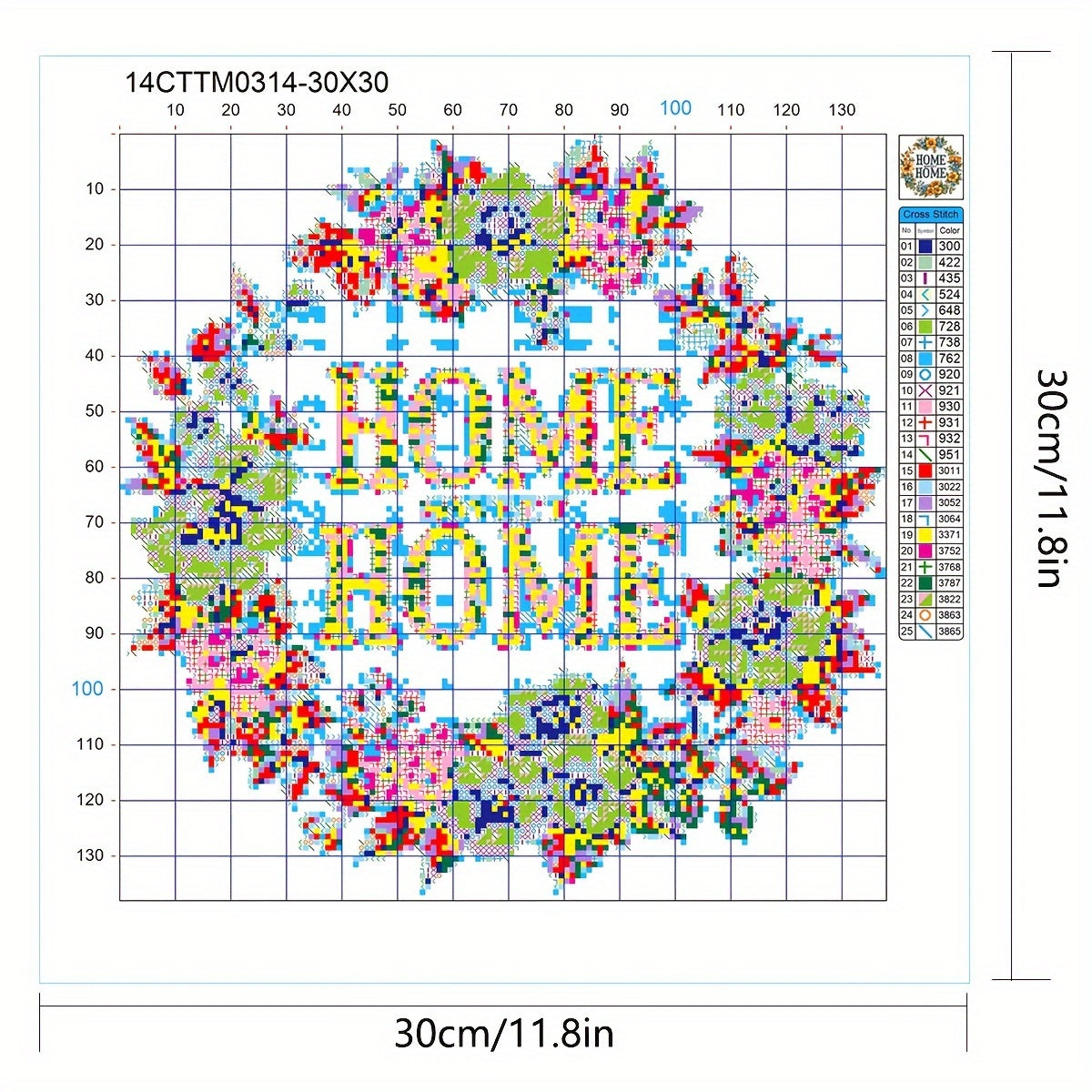 14CT Cross Stitch Kit 30x30cm (11.8x11.8 Inch) - Complete DIY Embroidery Material Set with 'Home Sweet Home' Pattern