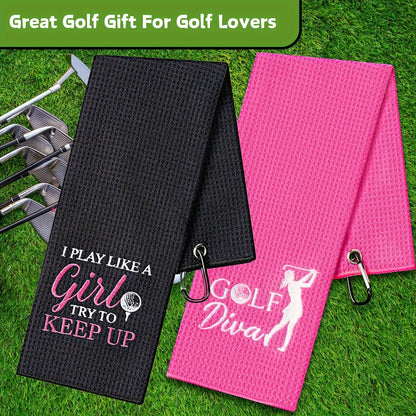 2-Pack Golf Towels for Women, Pink & Black Embroidered Polyester & Nylon Towels with Clip, Breathable & Water Absorbent, Machine Washable