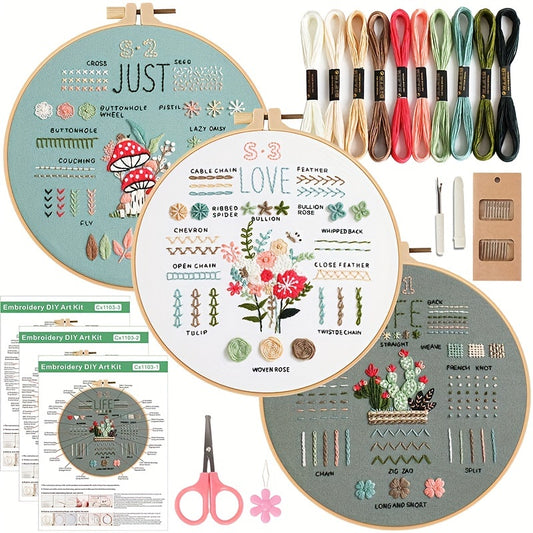 3pcs Deluxe Embroidery Starter Kit - Complete DIY Sewing Cross Stitch Practice Set with Flower Pattern