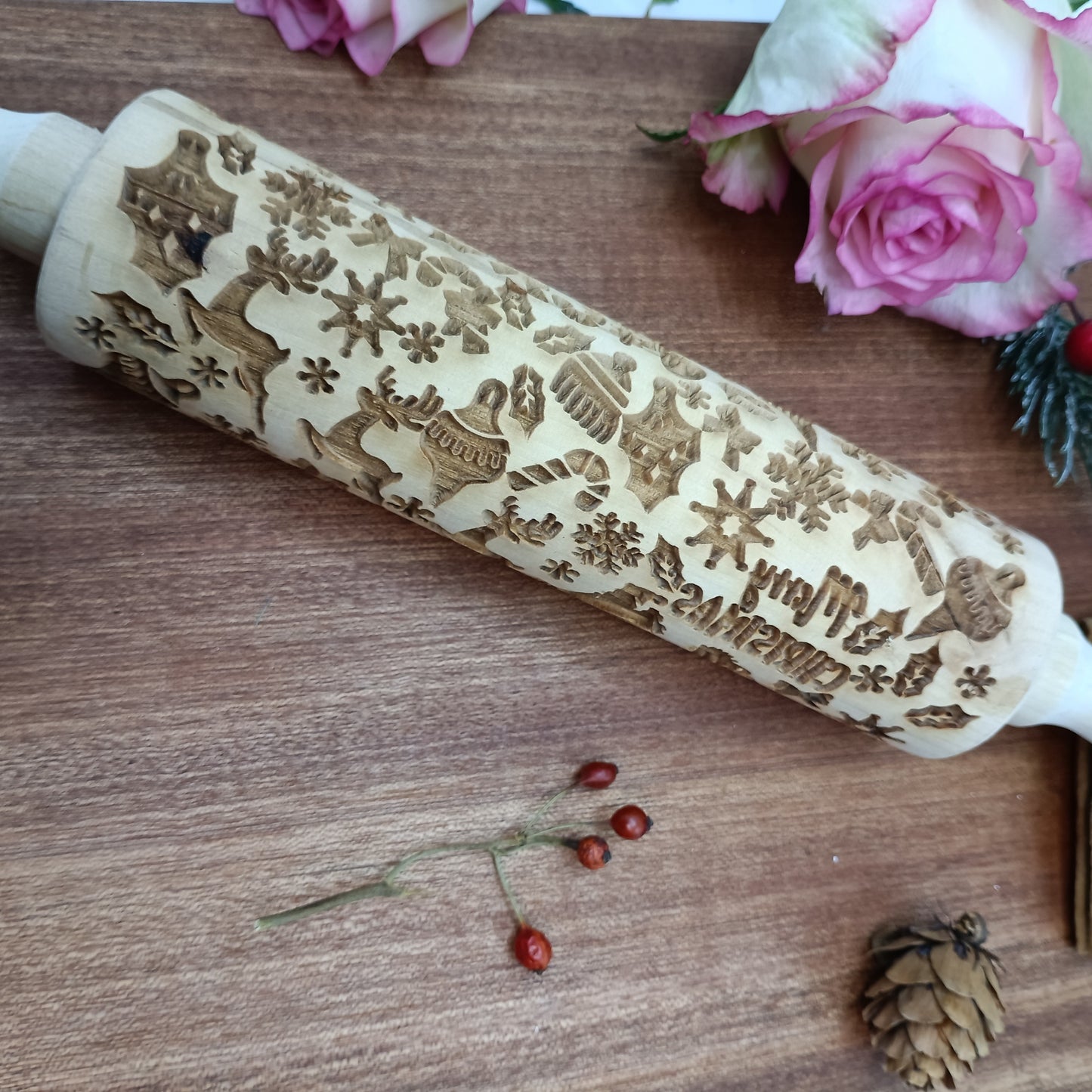 Engraved Wooden Rolling Pin with Deep Carved Pattern