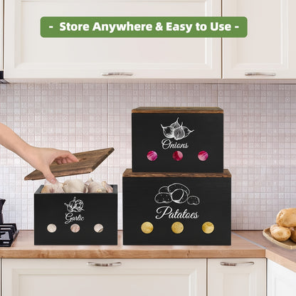 Potato And Onion Storage Bin, Wood Garlic Storage Canisters For Kitchen Counter