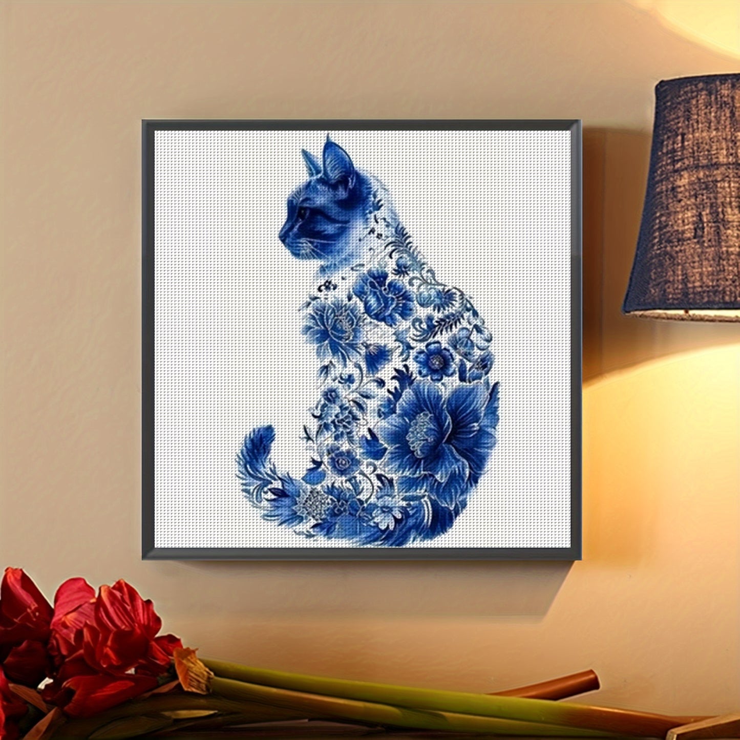 Blue Floral Cat Cross Stitch Kit - DIY Embroidery Craft Set with 11CT Canvas, Threads, Needles & Instructions for Home Wall Decor, Frameless