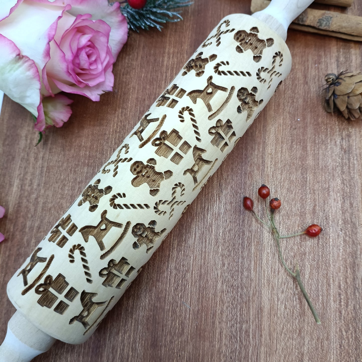 Engraved Wooden Rolling Pin with Deep Carved Pattern