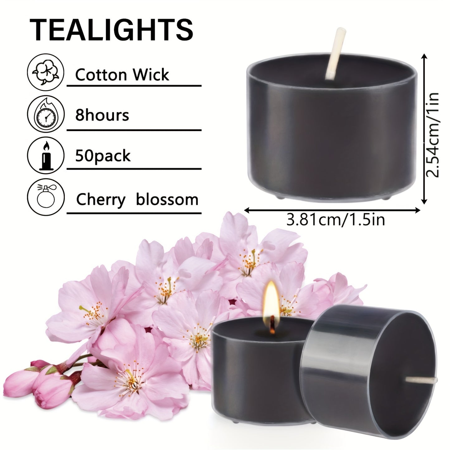 50 8-hour Packs Of Black Cherry Blossom Scented Smoke-free, Drip-free And Long-lasting Soy Wax Candles