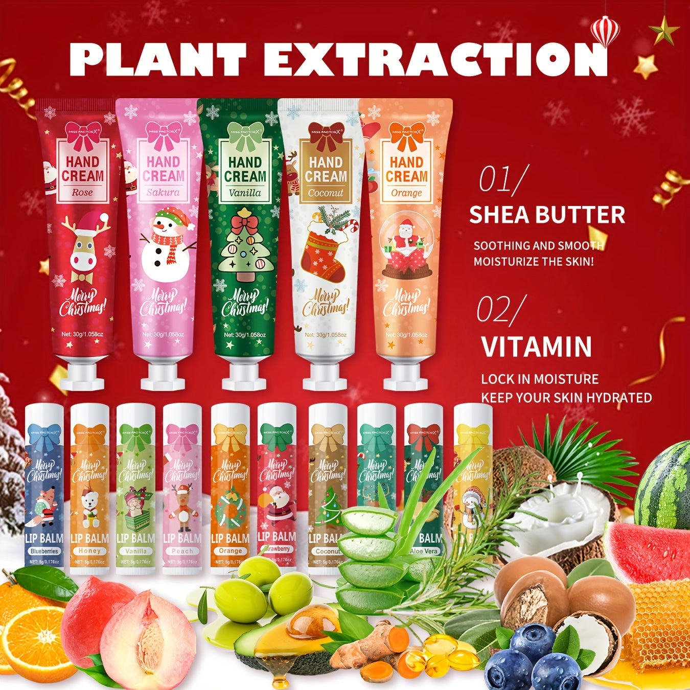 Christmas Gift Set - 40pcs Moisturizing Lip Balm & Hand Cream Combo with Greeting Cards, Organza Bags