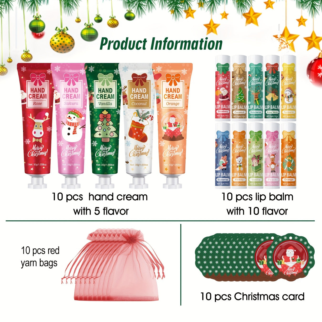 Christmas Gift Set - 40pcs Moisturizing Lip Balm & Hand Cream Combo with Greeting Cards, Organza Bags