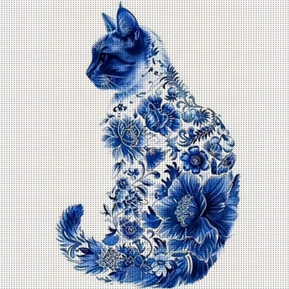 Blue Floral Cat Cross Stitch Kit - DIY Embroidery Craft Set with 11CT Canvas, Threads, Needles & Instructions for Home Wall Decor, Frameless