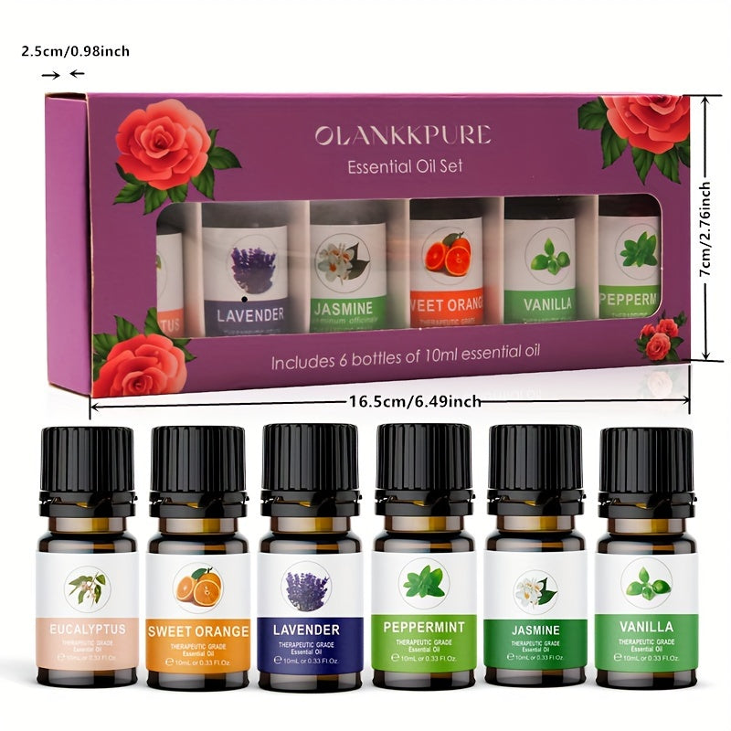 OLANKPURE Essential Oil Set of 6 - Glass Bottles Aromatherapy Oils Gift Box, Fresh Scented for Air Freshening, Includes Lavender, Jasmine, Peppermint, Eucalyptus, Sweet Orange, Vanilla Essential Oils