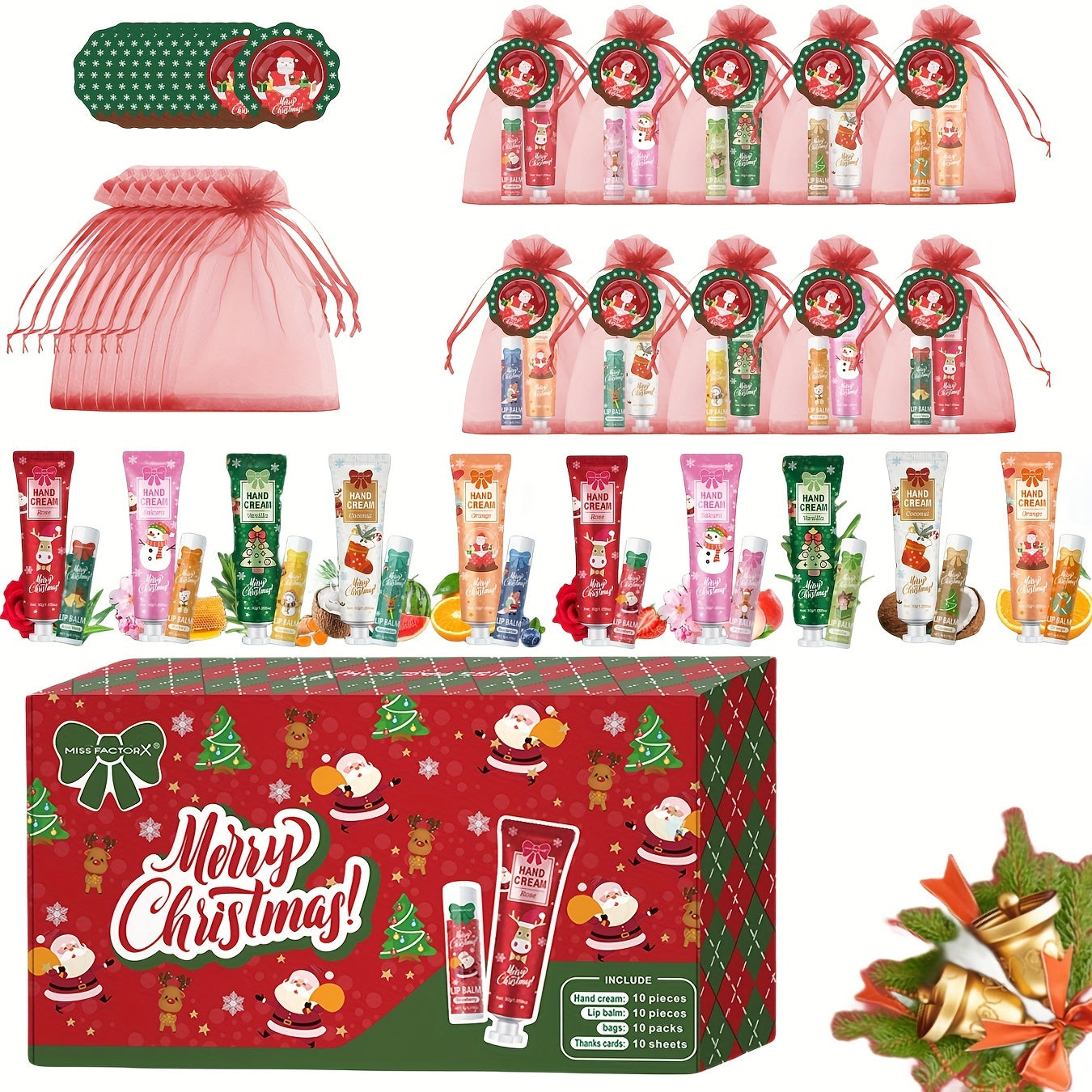 Christmas Gift Set - 40pcs Moisturizing Lip Balm & Hand Cream Combo with Greeting Cards, Organza Bags