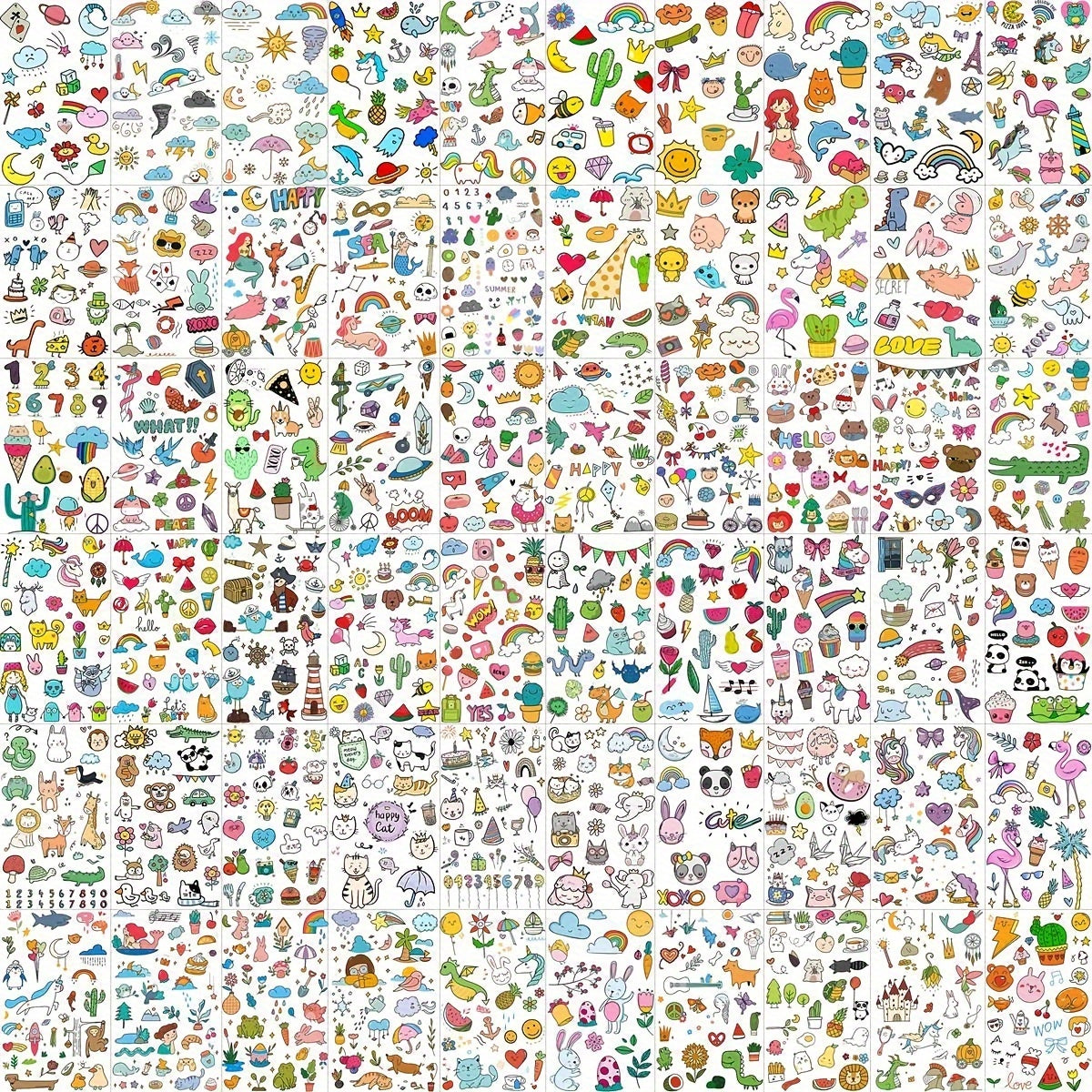 60 Sheets 1000+ Patterns Cute Cartoon Temporary Tattoos