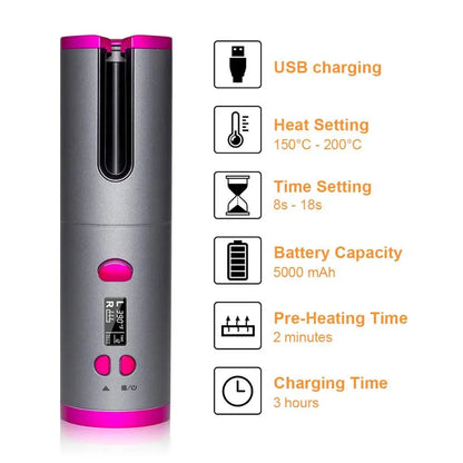 Cordless Automatic Hair Curler Portable Wireless USB Rechargeable