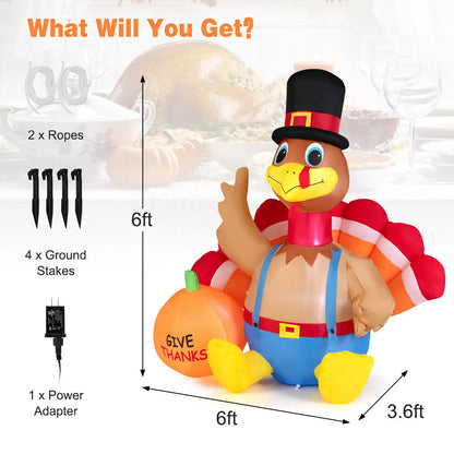 6 FT Thanksgiving Inflatable Turkey with Pumpkin Fall Harvest Decor W/Lights