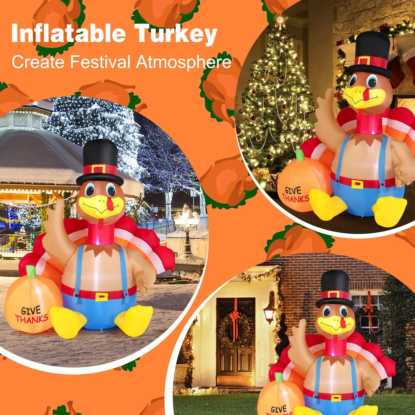 6 FT Thanksgiving Inflatable Turkey with Pumpkin Fall Harvest Decor W/Lights