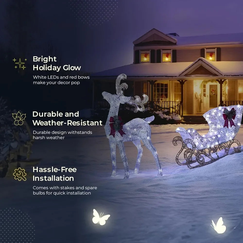 Pre-Lit Metal Reindeer and Sleigh Christmas Decoration with Bright LED Lights, Outdoor Holiday Lawn Decoration,