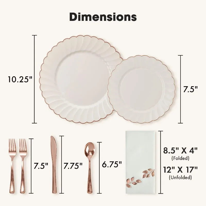 175 Pc Thanksgiving Plates Disposable Dinnerware Set | Ivory Scalloped Plastic Plates Rose Gold Trim Elegant High  25 Guests