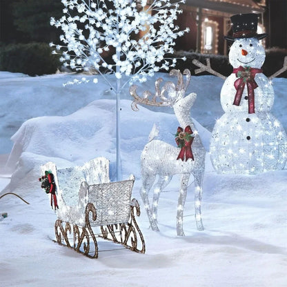 Pre-Lit Metal Reindeer and Sleigh Christmas Decoration with Bright LED Lights, Outdoor Holiday Lawn Decoration,