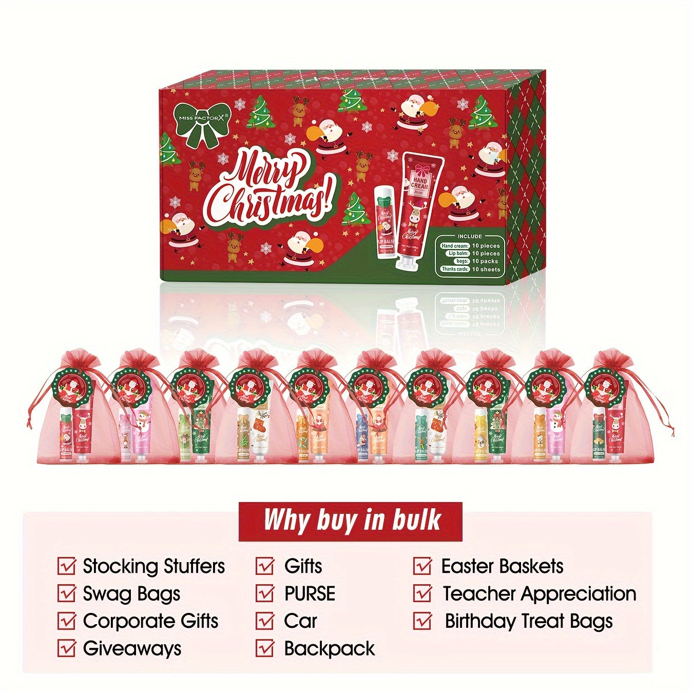 Christmas Gift Set - 40pcs Moisturizing Lip Balm & Hand Cream Combo with Greeting Cards, Organza Bags