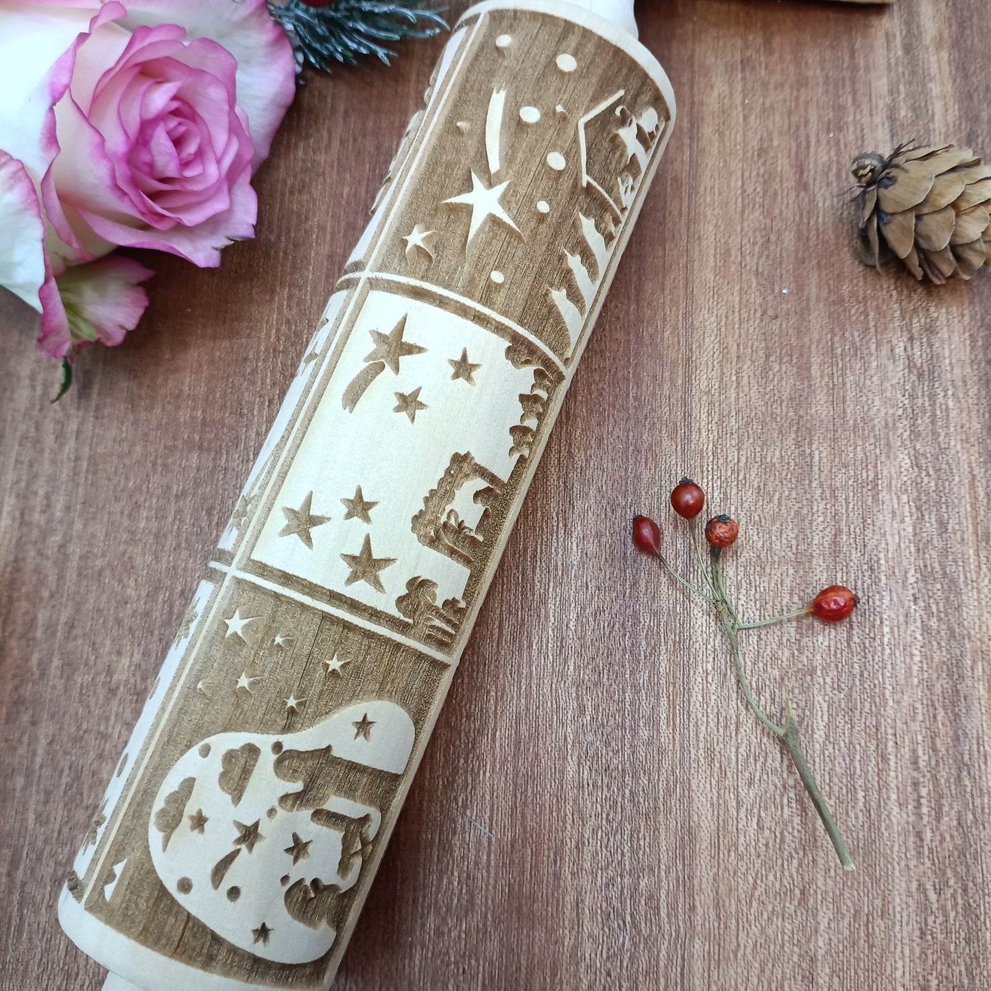 Engraved Wooden Rolling Pin with Deep Carved Pattern