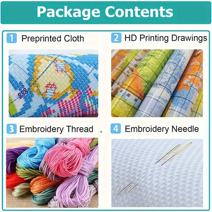 Blue Floral Cat Cross Stitch Kit - DIY Embroidery Craft Set with 11CT Canvas, Threads, Needles & Instructions for Home Wall Decor, Frameless