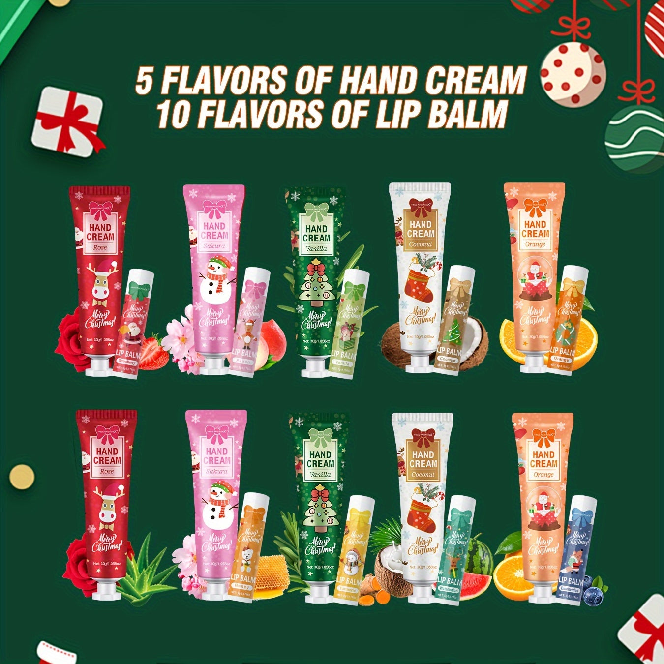 Christmas Gift Set - 40pcs Moisturizing Lip Balm & Hand Cream Combo with Greeting Cards, Organza Bags