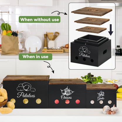 Potato And Onion Storage Bin, Wood Garlic Storage Canisters For Kitchen Counter